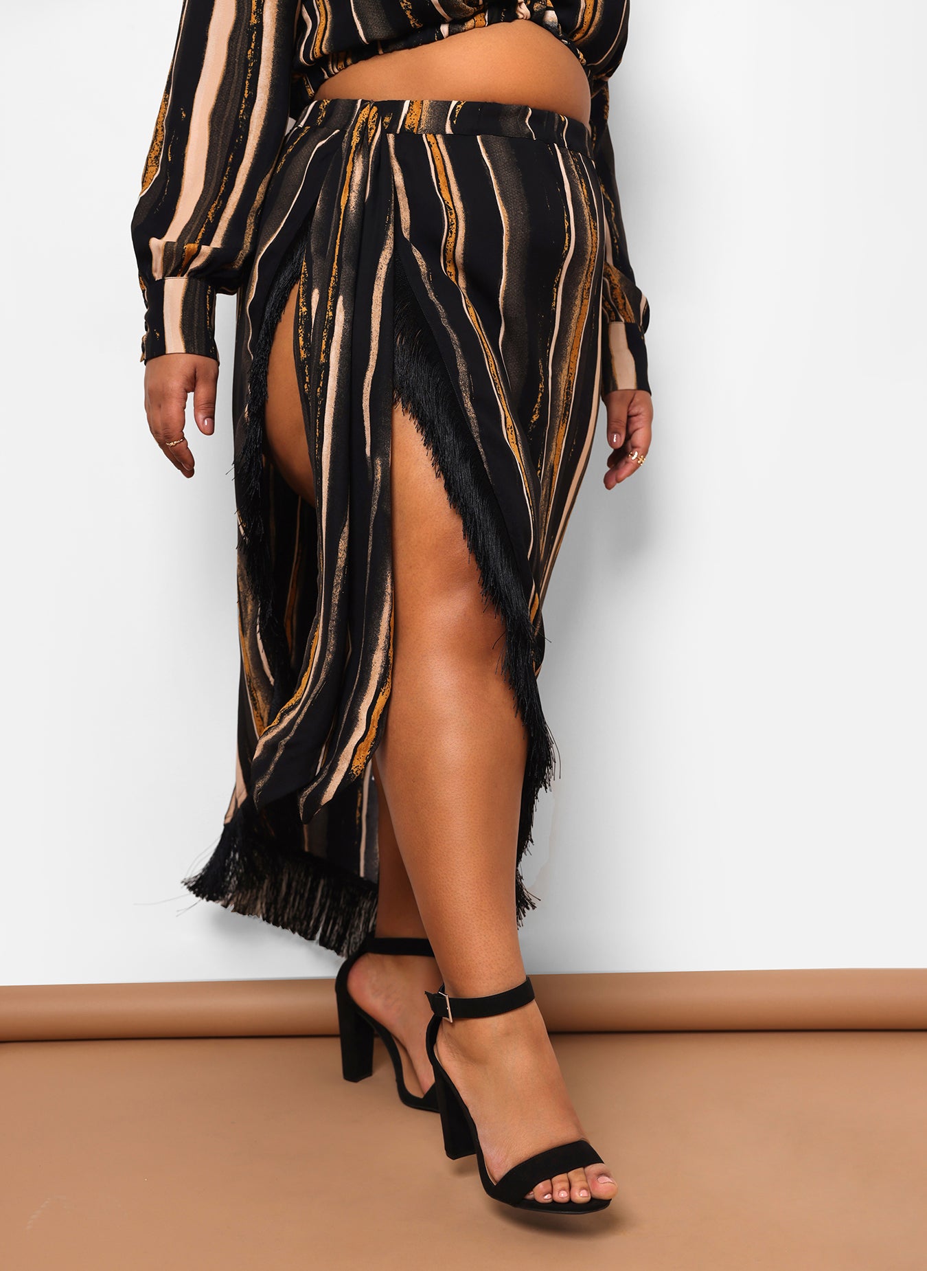 Alaia Stripe Print Fringe Maxi Wrap Skirt