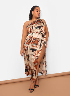 Kiera Satin Abstract Print One Shoulder Maxi Shift Dress