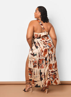 Kiera Satin Abstract Print One Shoulder Maxi Shift Dress