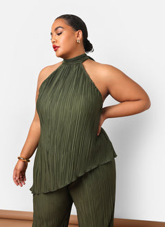 Aleah Plisse Halter Asymmetrical Top - Dark Olive