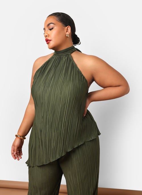 Aleah Plisse Halter Asymmetrical Top - Dark Olive