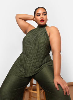 Aleah Plisse Halter Asymmetrical Top - Dark Olive