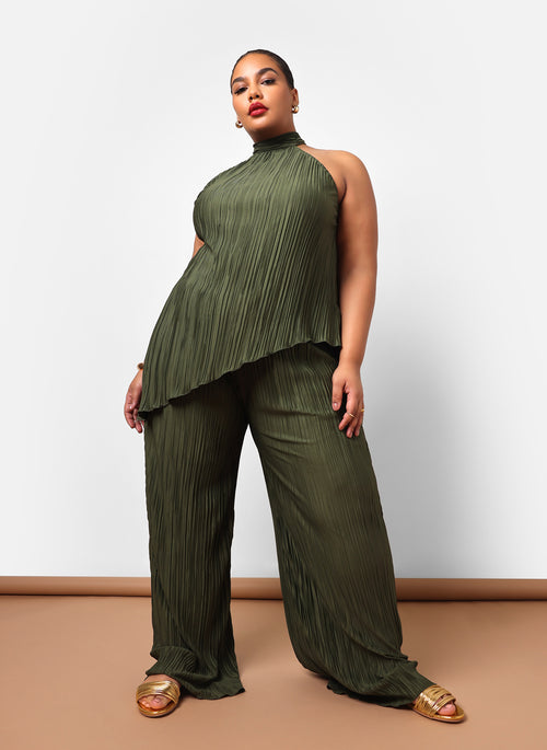 Aleah Plisse Halter Asymmetrical Top - Dark Olive