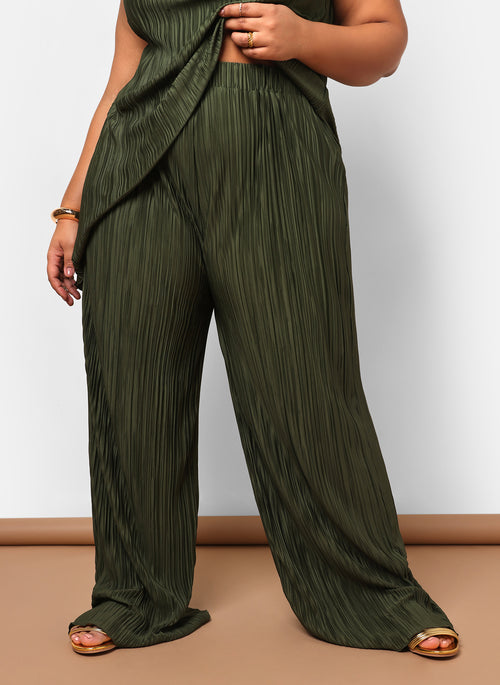 Aleah Plisse Wide Leg Pant W. Pockets - Dark Olive