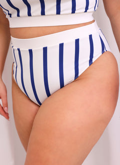 Alice Stripe High Waist Swim Bottom - White & Navy