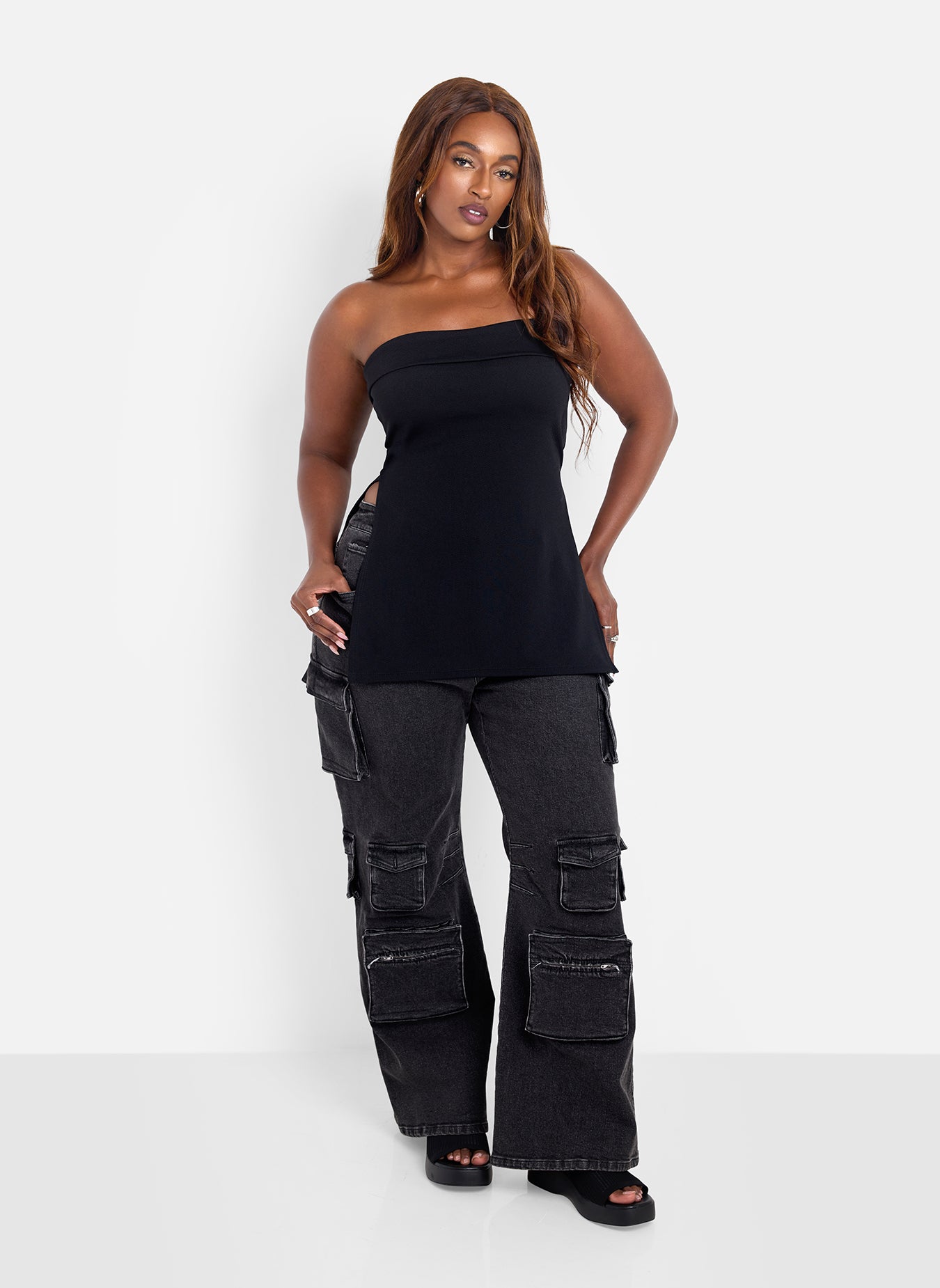 [OPEN YY] / ☆ 25SS RIBBED SIDE SLIT TOP / BLACK EDIKTED Dekota Ribbed Side Slit Strapless Top | Nordstrom
