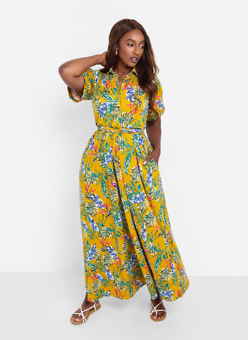 Allow Me Floral Print Button Top Skater Maxi Dress - Mustard