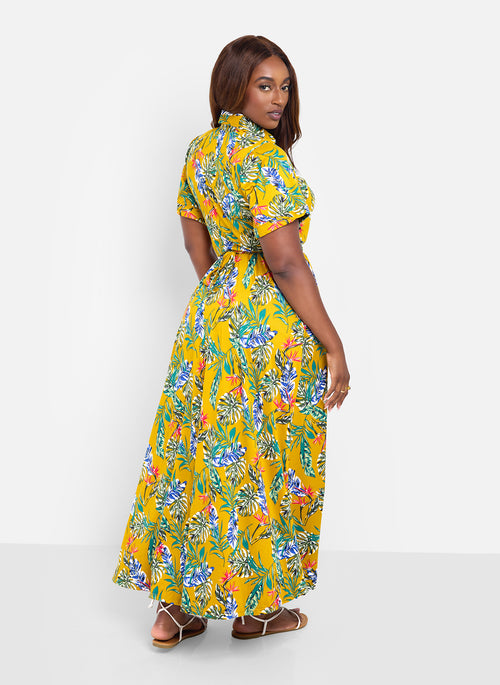 Allow Me Floral Print Button Top Skater Maxi Dress - Mustard