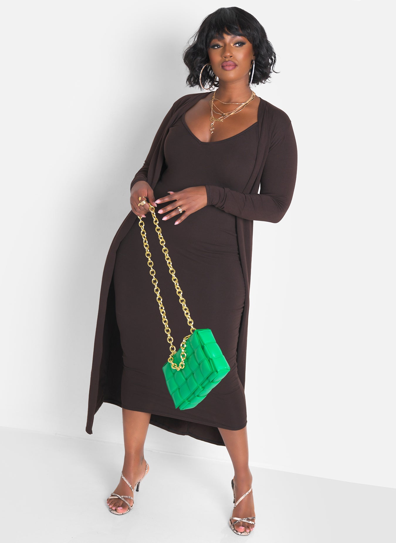 A Lot To Love V-Neck Midi Dress & Cardigan Set - Brown