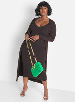 A Lot To Love V-Neck Midi Dress & Cardigan Set - Brown