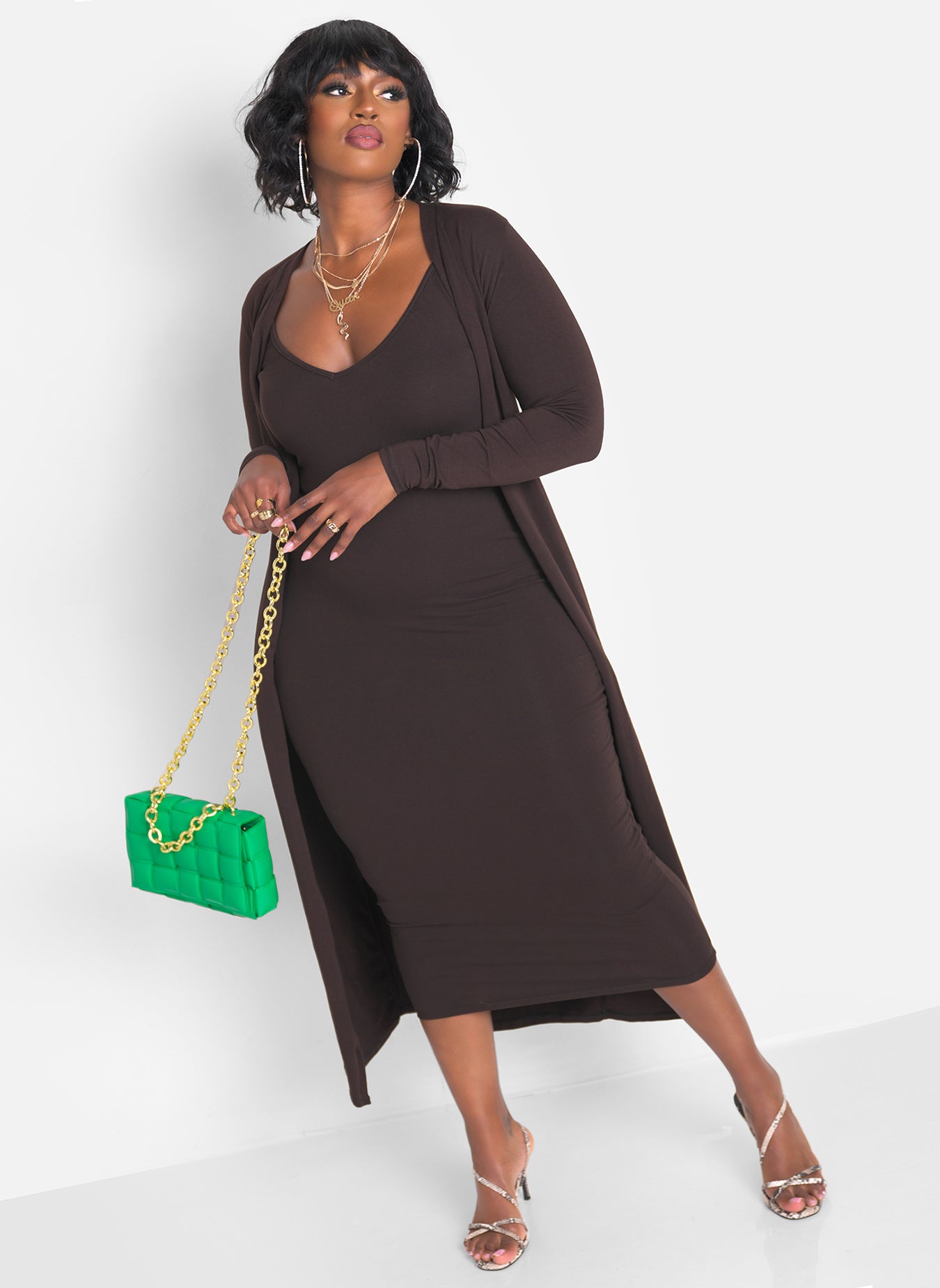 A Lot To Love V-Neck Midi Dress & Cardigan Set - Brown