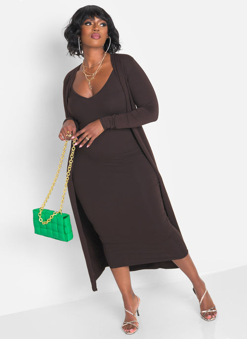 A Lot To Love V-Neck Midi Dress & Cardigan Set - Brown