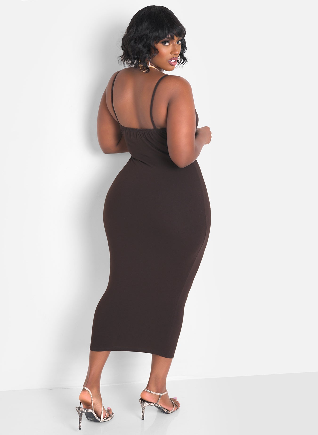 A Lot To Love V-Neck Midi Dress & Cardigan Set - Brown