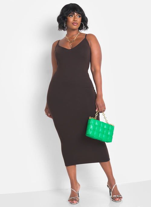 A Lot To Love V-Neck Midi Dress & Cardigan Set - Brown