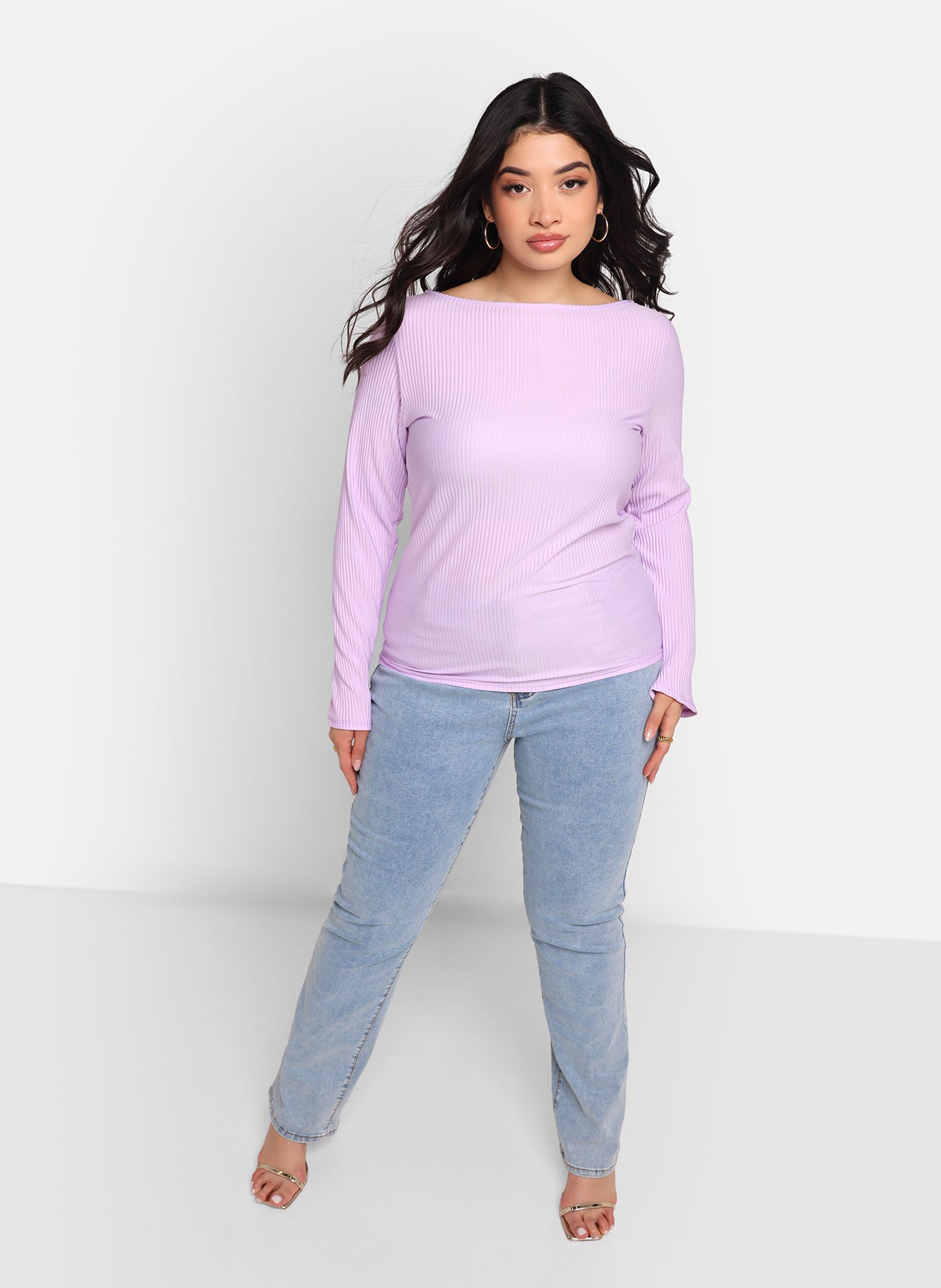 Amber Ribbed Boat Neck Flare Sleeve Top - Lilac