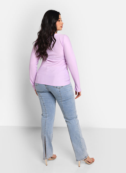 Amber Ribbed Boat Neck Flare Sleeve Top - Lilac