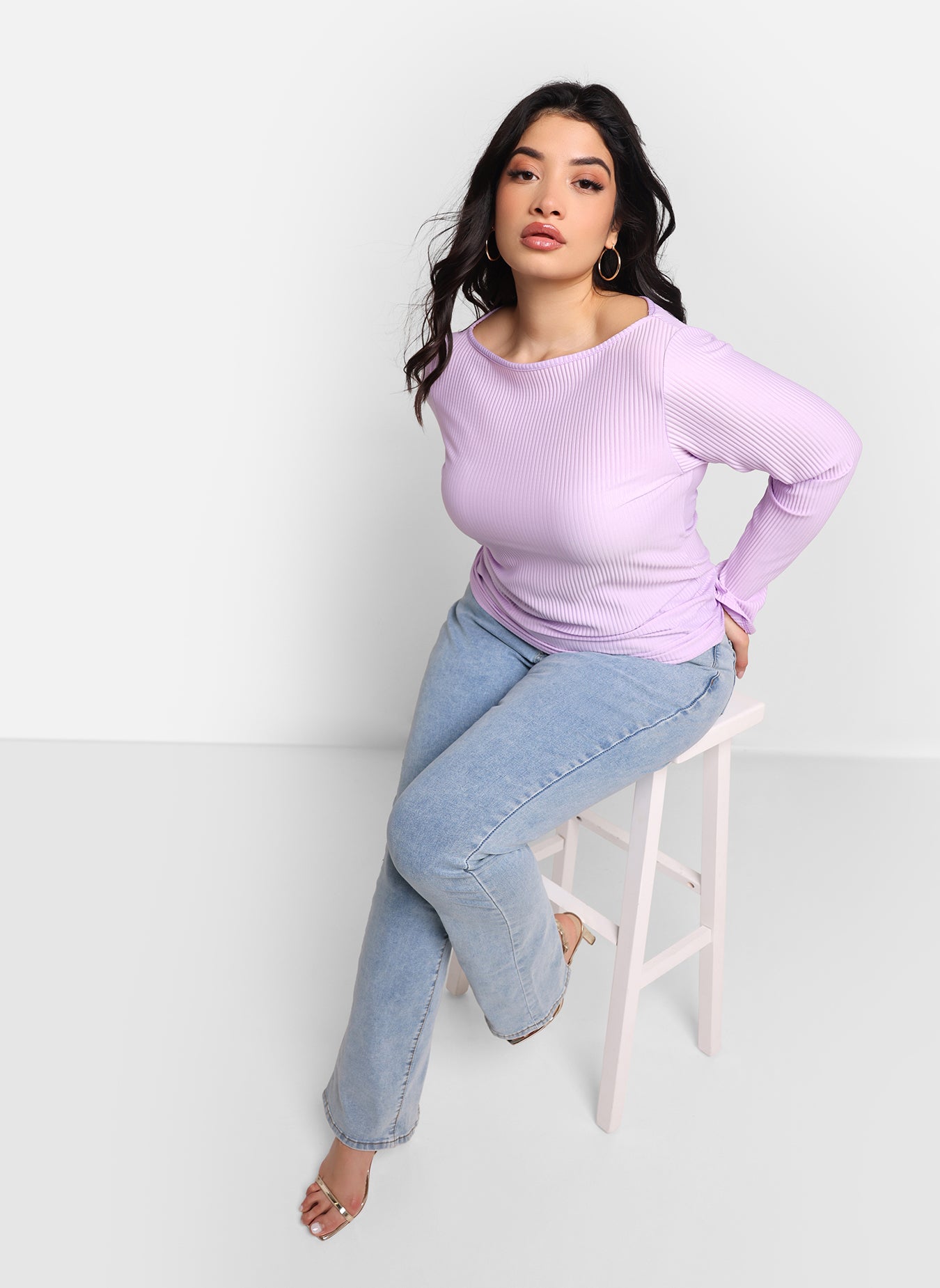 Amber Ribbed Boat Neck Flare Sleeve Top - Lilac