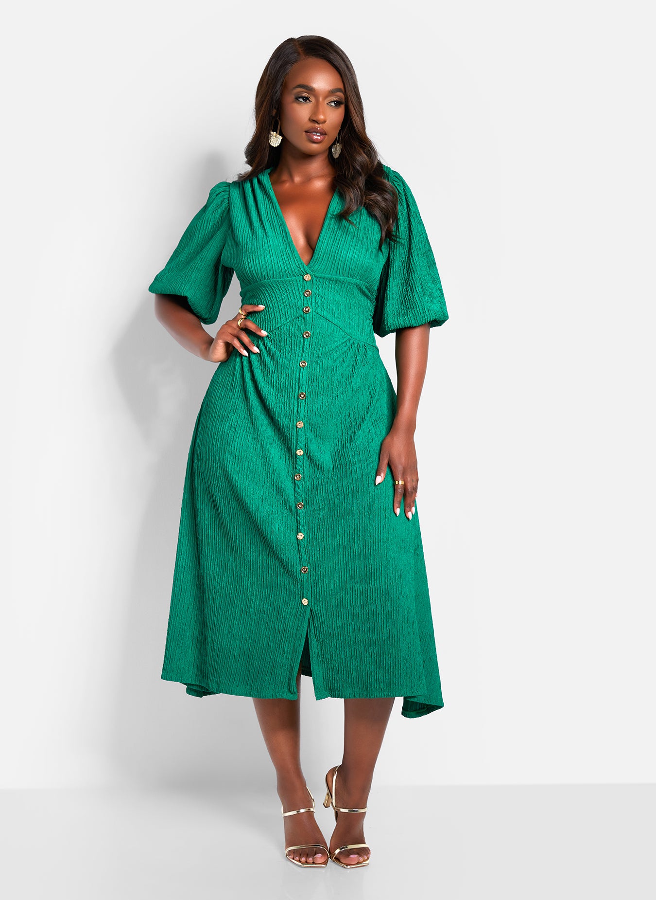 Ana Textured Button Front Midi Dress
