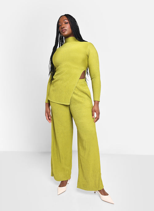 Aneira Textured Mock Neck Side Slit Top - Chartreuse