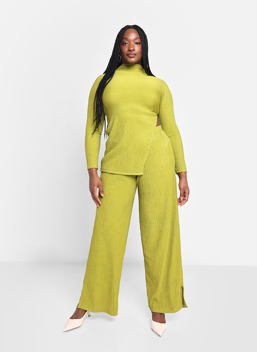 Aneira Textured Mock Neck Side Slit Top - Chartreuse