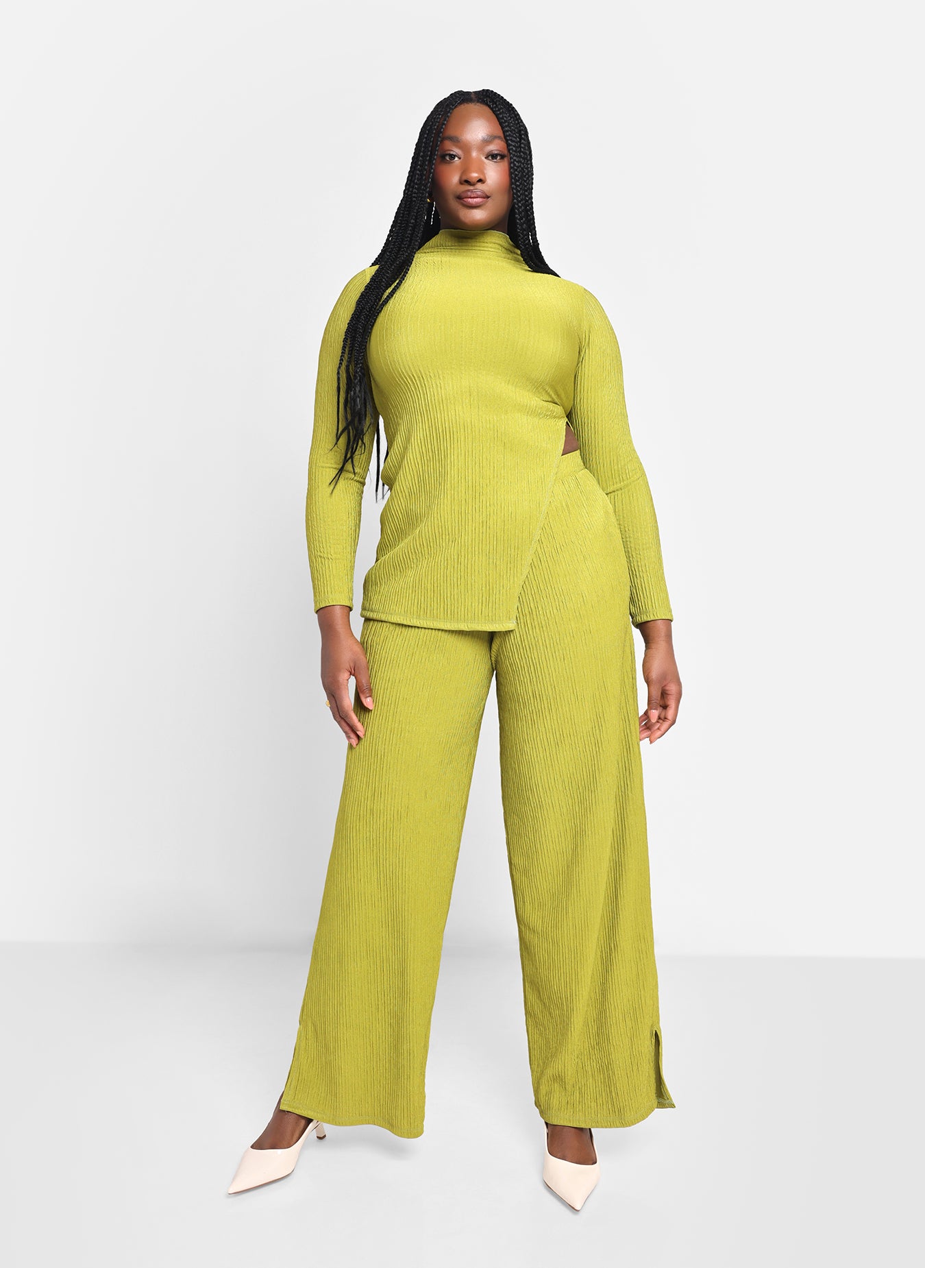 Aneira Textured Wide Leg Pants W. Side Slits - Chartreuse