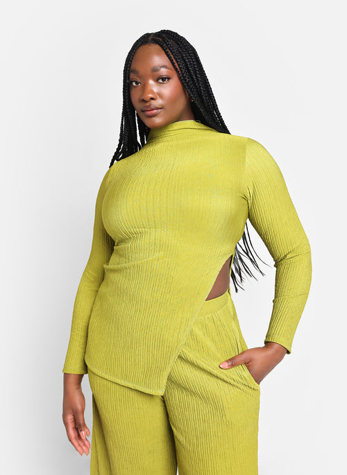 Aneira Textured Mock Neck Side Slit Top - Chartreuse