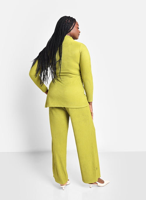 Aneira Textured Mock Neck Side Slit Top - Chartreuse