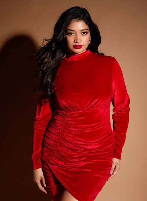 Sagittarius Babe Velvet Turtleneck Ruched Mini Bodycon Dress