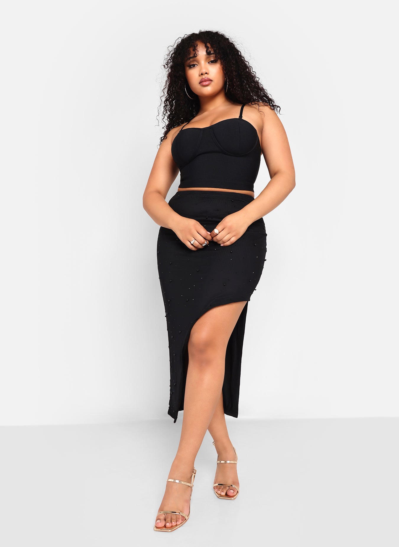 At Midnight Beaded Mesh High Waist Thigh Slit Midi Bodycon Skirt