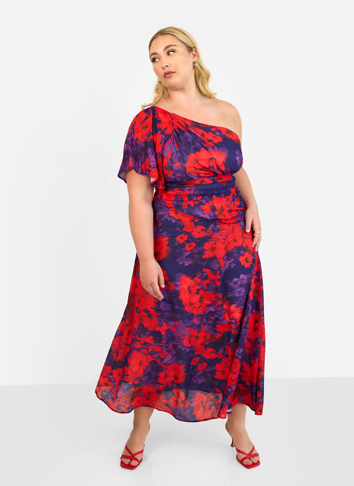 Aurora Floral One Shoulder Maxi A Line Dress