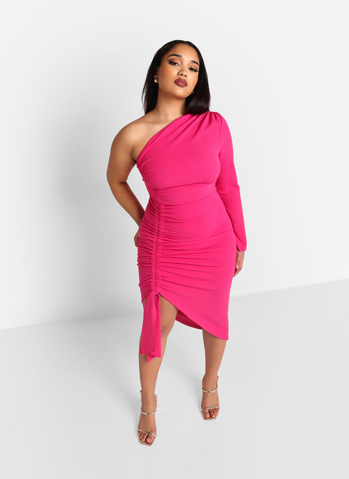 Azalea One Shoulder Asymmetrical Midi Bodycon Dress - Magenta