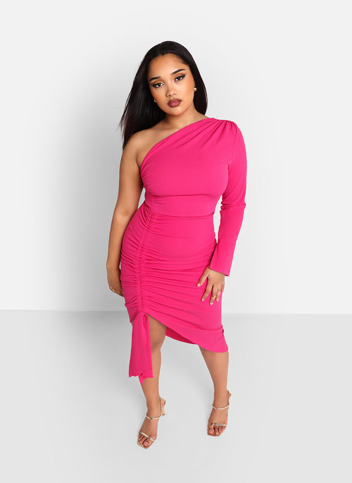 Azalea One Shoulder Asymmetrical Midi Bodycon Dress - Magenta