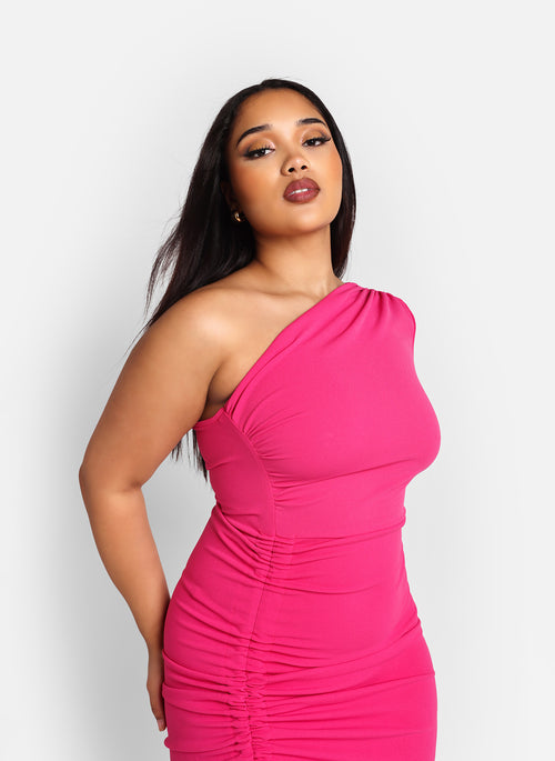 Azalea One Shoulder Asymmetrical Midi Bodycon Dress - Magenta