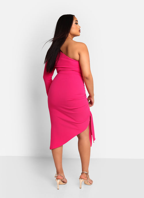 Azalea One Shoulder Asymmetrical Midi Bodycon Dress - Magenta