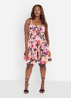 Bai Floral Peasant Top Skater Midi Dress - Peach