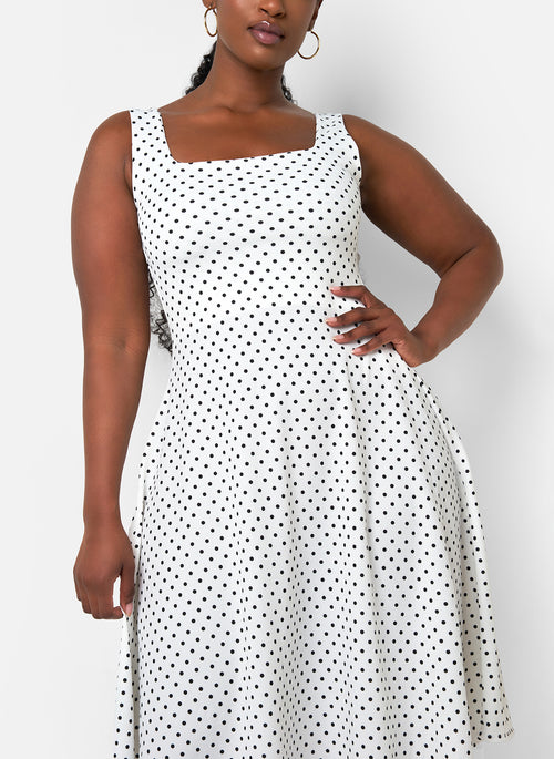 Bailey Polka Dot Midi A Line Dress - White & Black