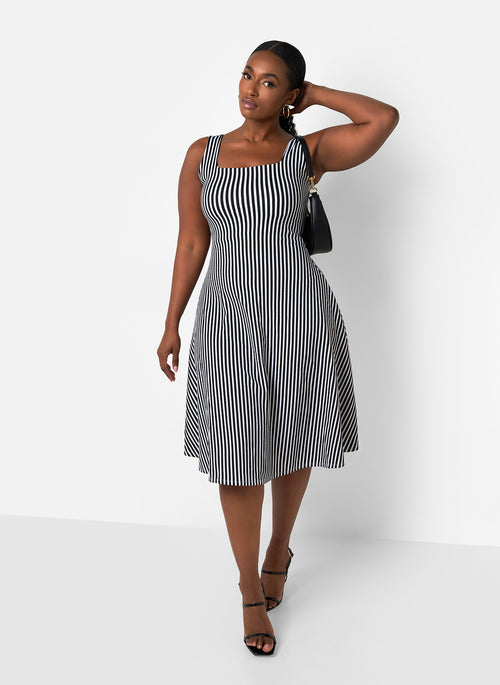 Bailey Stripe Midi A Line Dress - Black & White