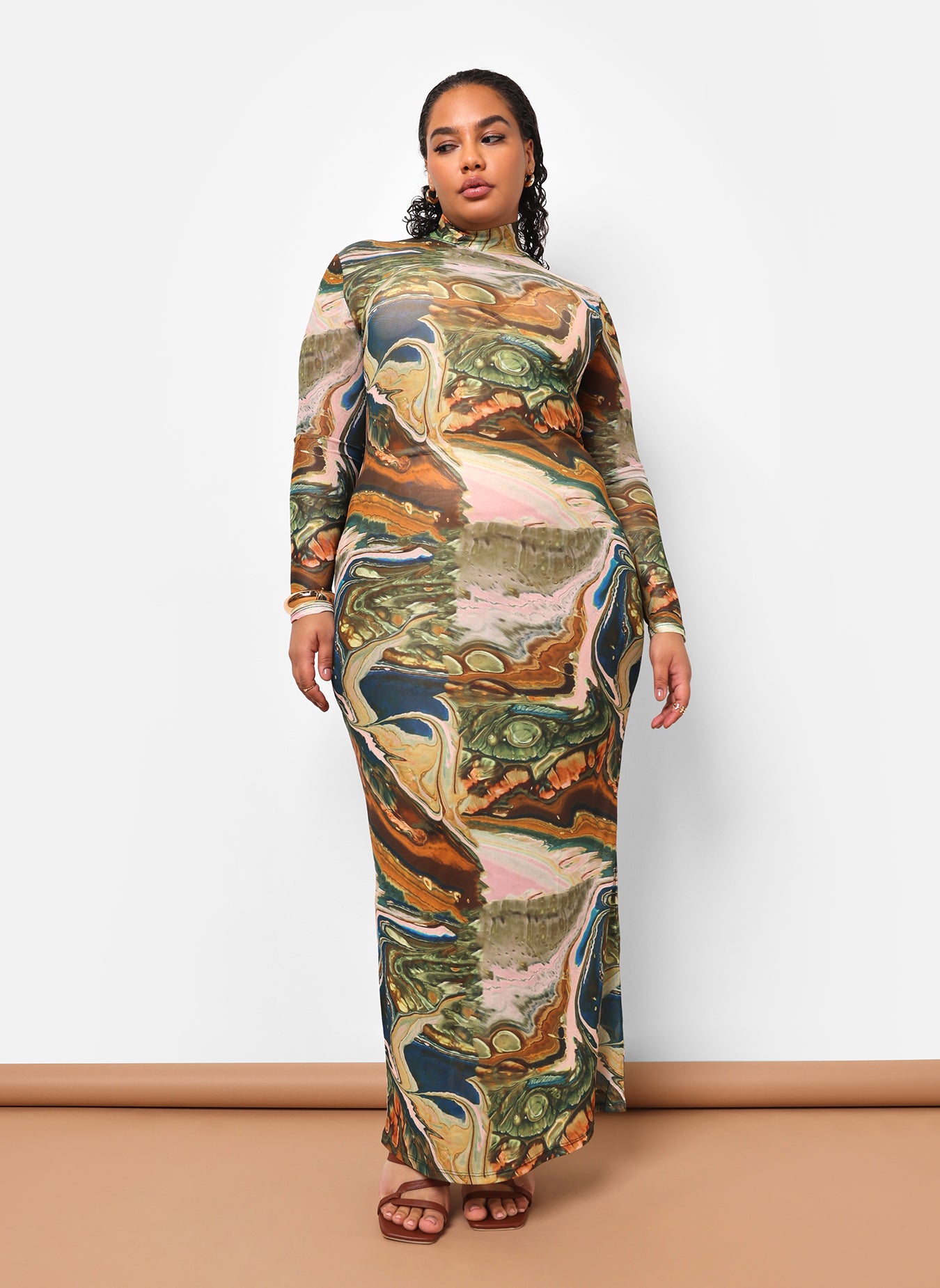 Bali Mesh Abstract Print Maxi Bodycon Dress