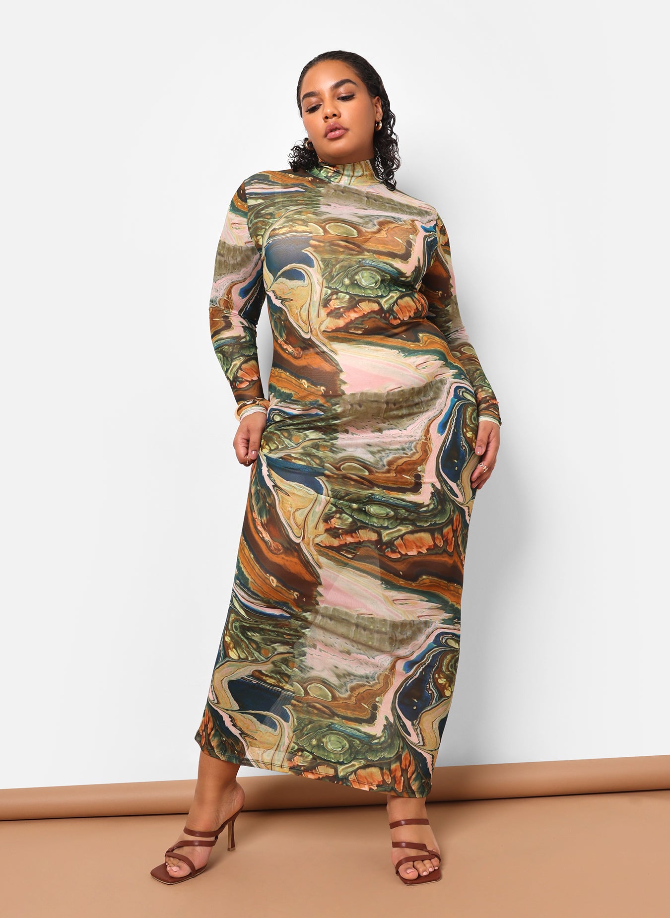 Bali Mesh Abstract Print Maxi Bodycon Dress
