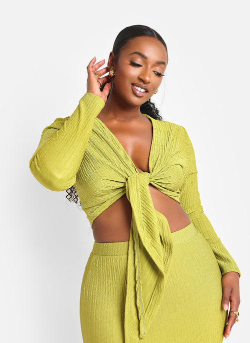 Bea Textured Tie Front Crop Top - Chartreuse