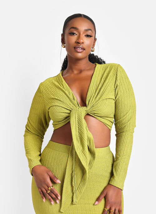 Bea Textured Tie Front Crop Top - Chartreuse