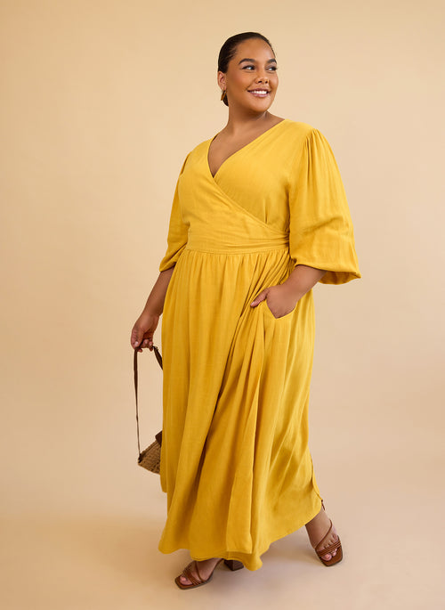 Bette Linen Ballon Sleeve Maxi A Line Dress