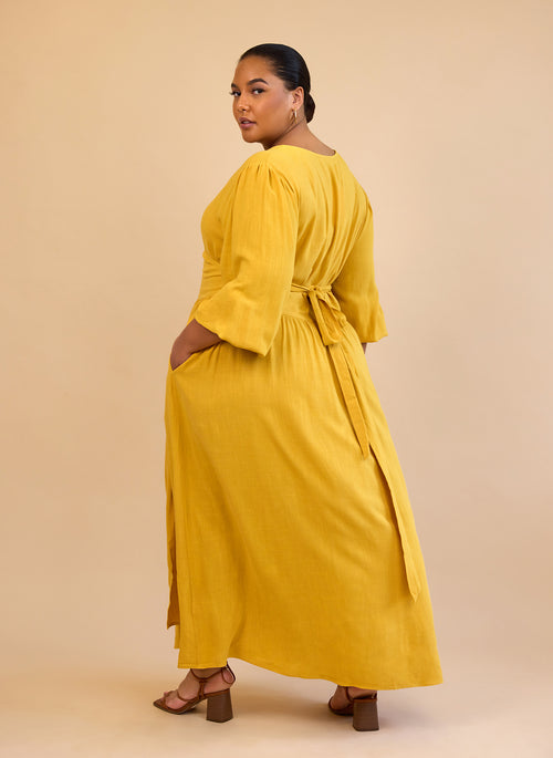 Bette Linen Ballon Sleeve Maxi A Line Dress