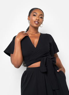 Big Risk Wrap Around Kimono Crop Top - Black