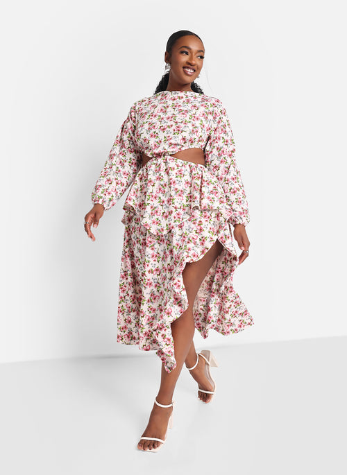 Blossom Floral Ruffle Midi A Line Dress W. Slit