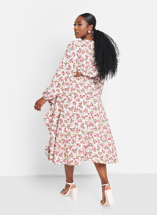 Blossom Floral Ruffle Midi A Line Dress W. Slit