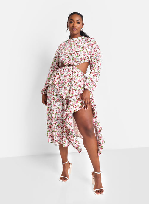 Blossom Floral Ruffle Midi A Line Dress W. Slit