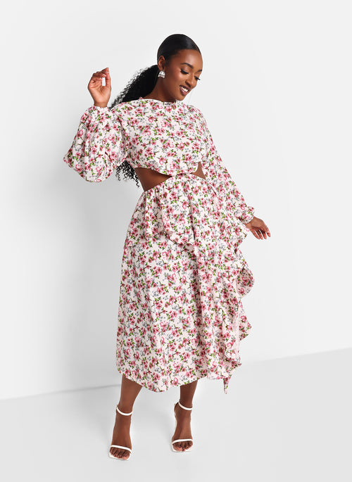 Blossom Floral Ruffle Midi A Line Dress W. Slit