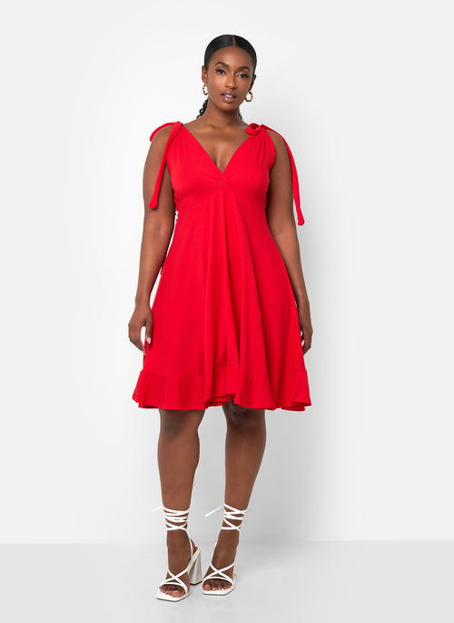 Blythe Tie Strap Ruffle Hem Mini Skater Dress - Red