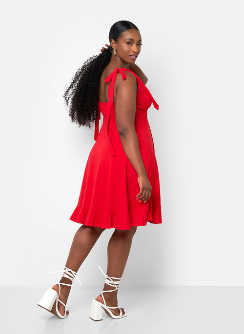 Blythe Tie Strap Ruffle Hem Mini Skater Dress - Red